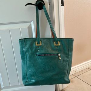 Orange and turquoise leather tote bag